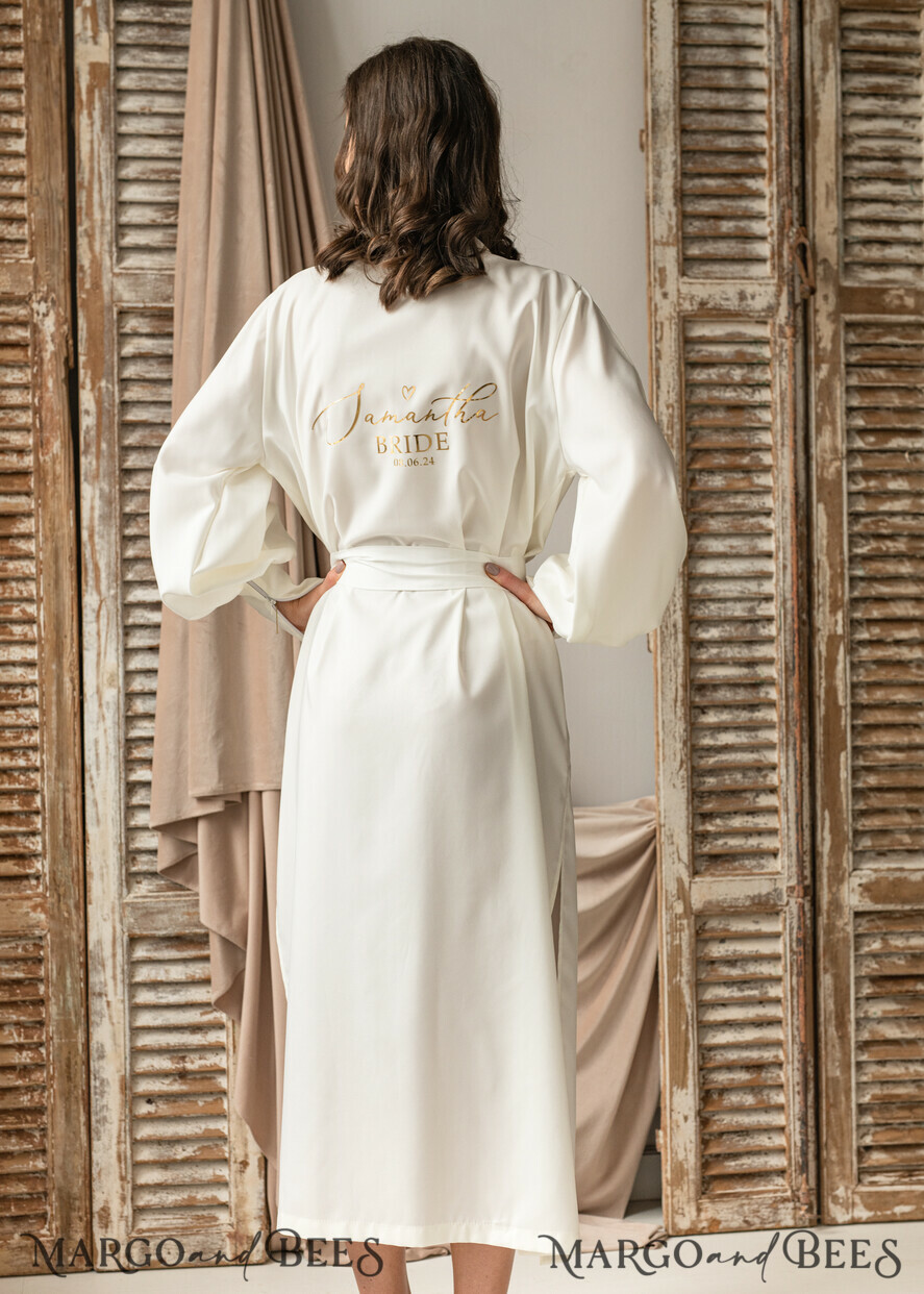BRIDE bolero, robes, garter Bridal Robes Bridal robe for wedding with bishop sleeves Bride robe Long white or Ivory robe Satin silk boudoir robe Dressing gown