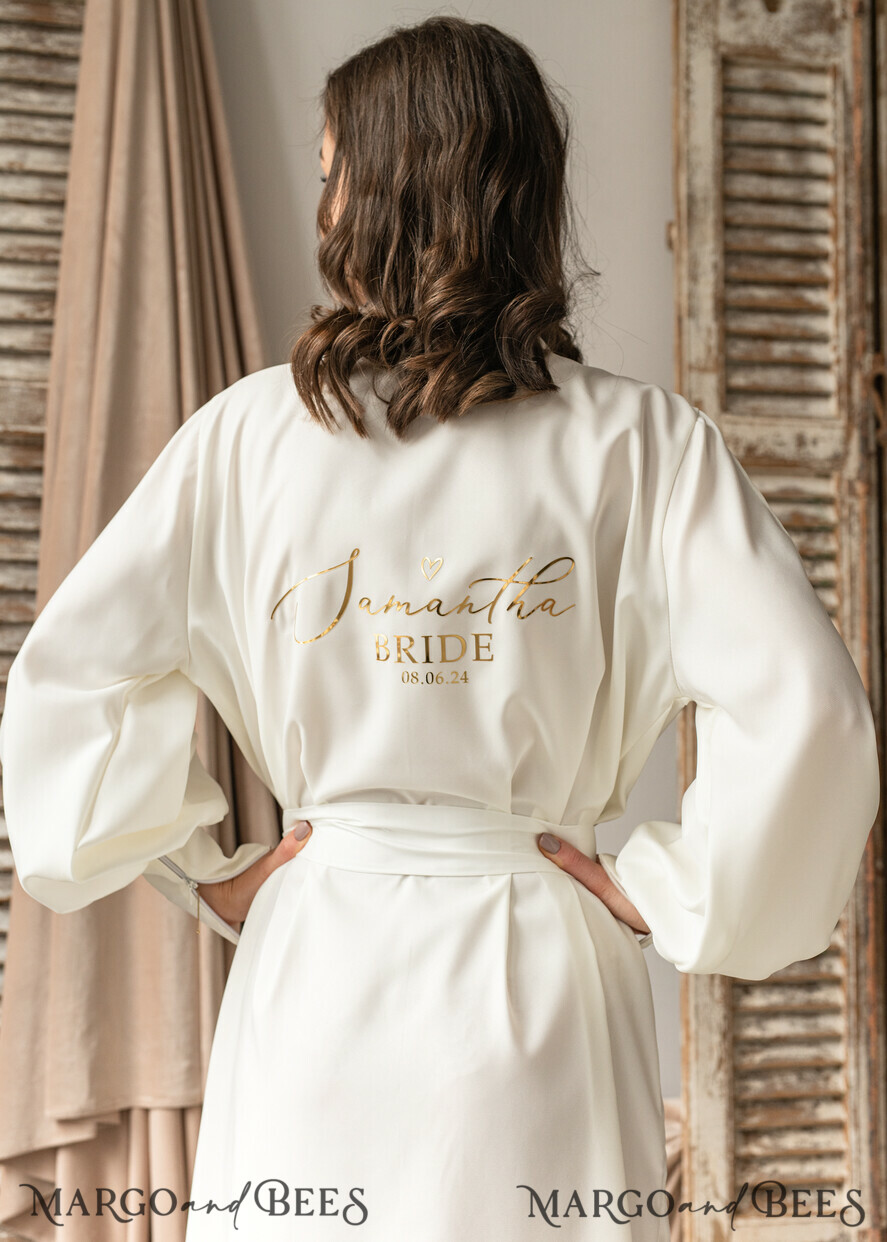 BRIDE bolero, robes, garter Bridal Robes Bridal robe for wedding with bishop sleeves Bride robe Long white or Ivory robe Satin silk boudoir robe Dressing gown