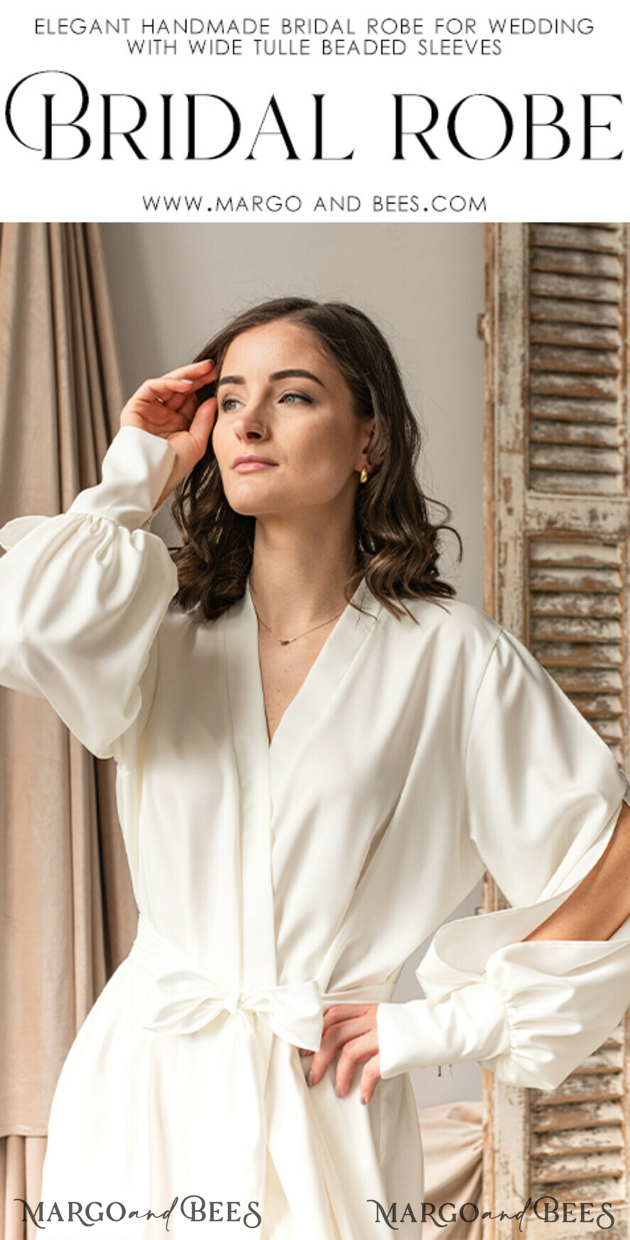 BRIDE bolero, robes, garter Bridal Robes Bridal robe for wedding with bishop sleeves Bride robe Long white or Ivory robe Satin silk boudoir robe Dressing gown