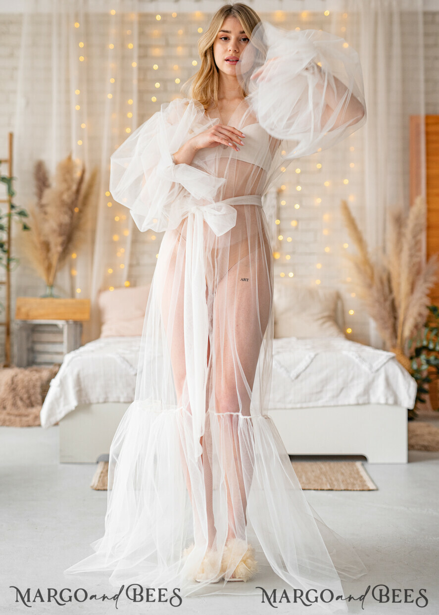 BRIDE bolero, robes, garter Bridal Robes Bridal robe for wedding with wide tulle sleeves Bride robe Long white robe Satin silk boudoir robe Dressing gown Bridesmaid gift