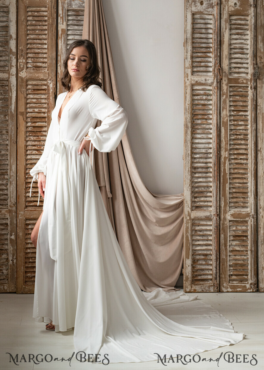 BRIDE bolero, robes, garter Bridal Robes Long Bridal robe for wedding with Train, Robe wide sleeves, Silk Bride robe Long white robe silky boudoir robe Dressing gown Bridesmaid gift