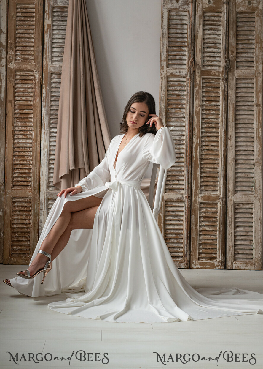BRIDE bolero, robes, garter Bridal Robes Long Bridal robe for wedding with Train, Robe wide sleeves, Silk Bride robe Long white robe silky boudoir robe Dressing gown Bridesmaid gift