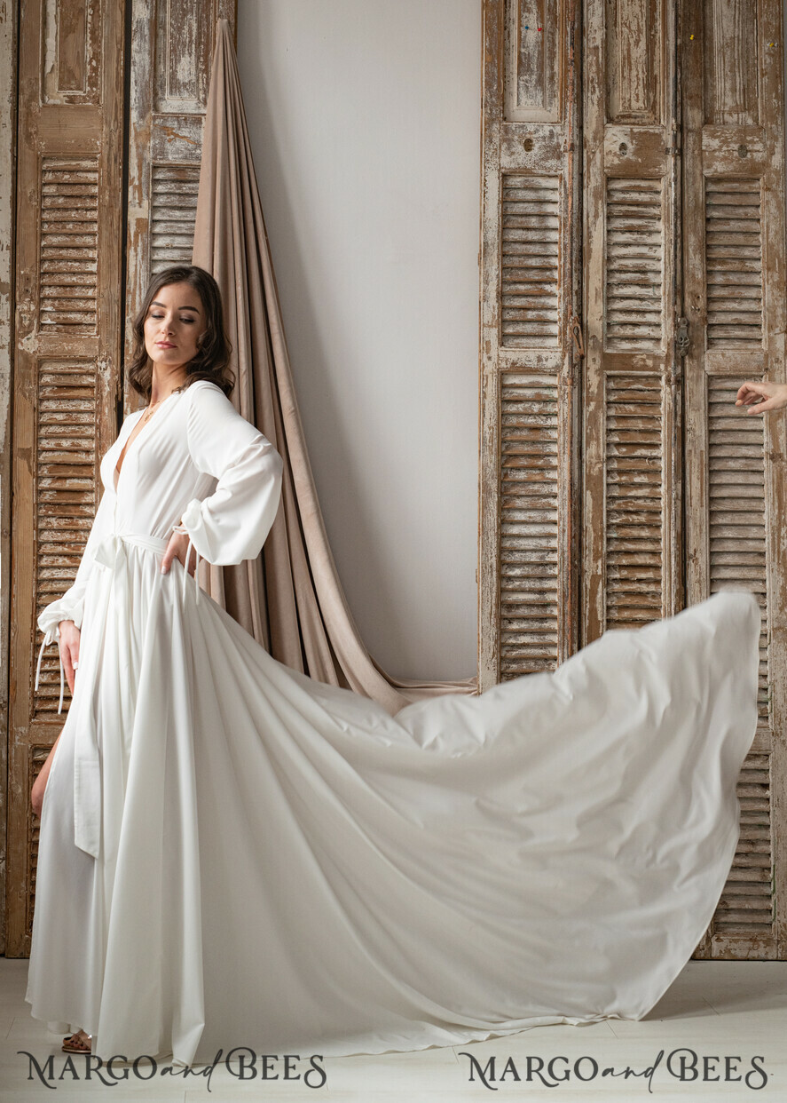 BRIDE bolero, robes, garter Bridal Robes Long Bridal robe for wedding with Train, Robe wide sleeves, Silk Bride robe Long white robe silky boudoir robe Dressing gown Bridesmaid gift
