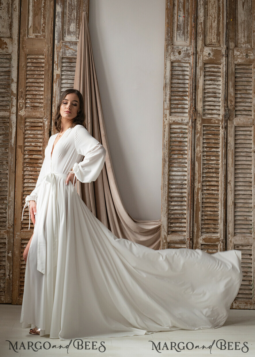 BRIDE bolero, robes, garter Bridal Robes Long Bridal robe for wedding with Train, Robe wide sleeves, Silk Bride robe Long white robe silky boudoir robe Dressing gown Bridesmaid gift