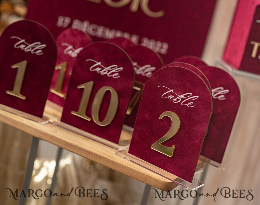 TABLE DECOR SIGNS Velvet table Numbers and Decor Luxury Velvet Arched Table numbers with Acrylic stand, Beige Velvet and Gold Acryl Wedding Table Decor, 3D Golden Letters Arched Table Numbers, Wedding Signage