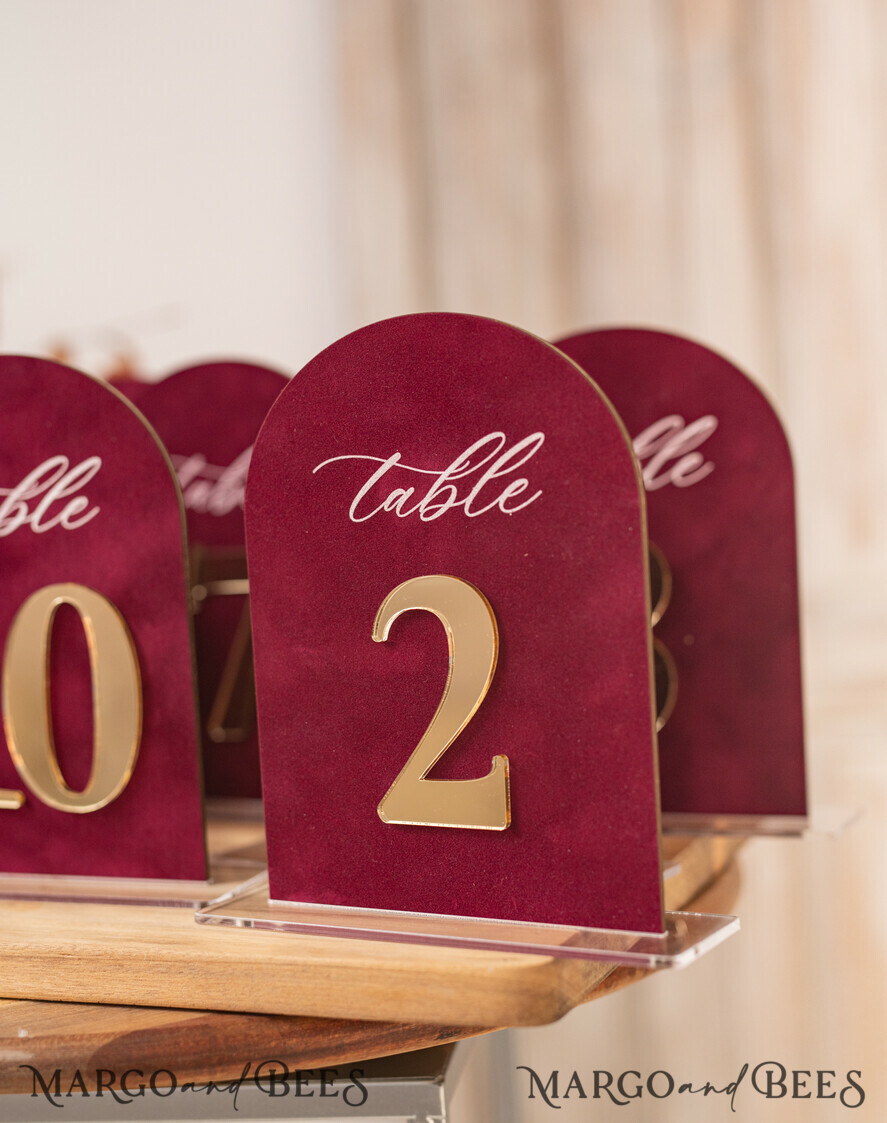 TABLE DECOR SIGNS Velvet table Numbers and Decor Luxury Velvet Arched Table numbers with Acrylic stand, Beige Velvet and Gold Acryl Wedding Table Decor, 3D Golden Letters Arched Table Numbers, Wedding Signage