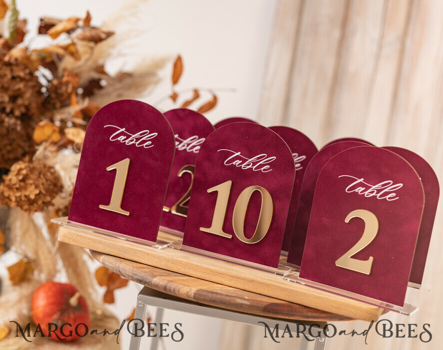 TABLE DECOR SIGNS Velvet table Numbers and Decor Luxury Velvet Arched Table numbers with Acrylic stand, Beige Velvet and Gold Acryl Wedding Table Decor, 3D Golden Letters Arched Table Numbers, Wedding Signage