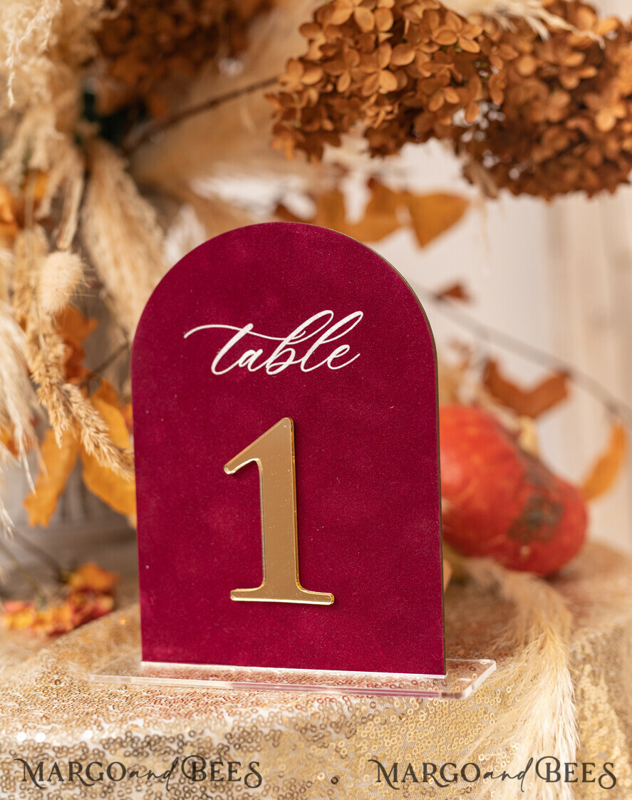 TABLE DECOR SIGNS Velvet table Numbers and Decor Luxury Velvet Arched Table numbers with Acrylic stand, Beige Velvet and Gold Acryl Wedding Table Decor, 3D Golden Letters Arched Table Numbers, Wedding Signage