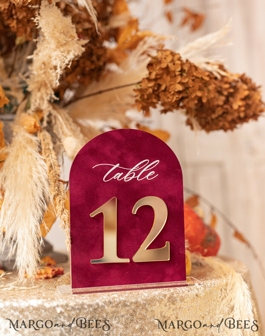 TABLE DECOR SIGNS Velvet table Numbers and Decor Luxury Velvet Arched Table numbers with Acrylic stand, Beige Velvet and Gold Acryl Wedding Table Decor, 3D Golden Letters Arched Table Numbers, Wedding Signage