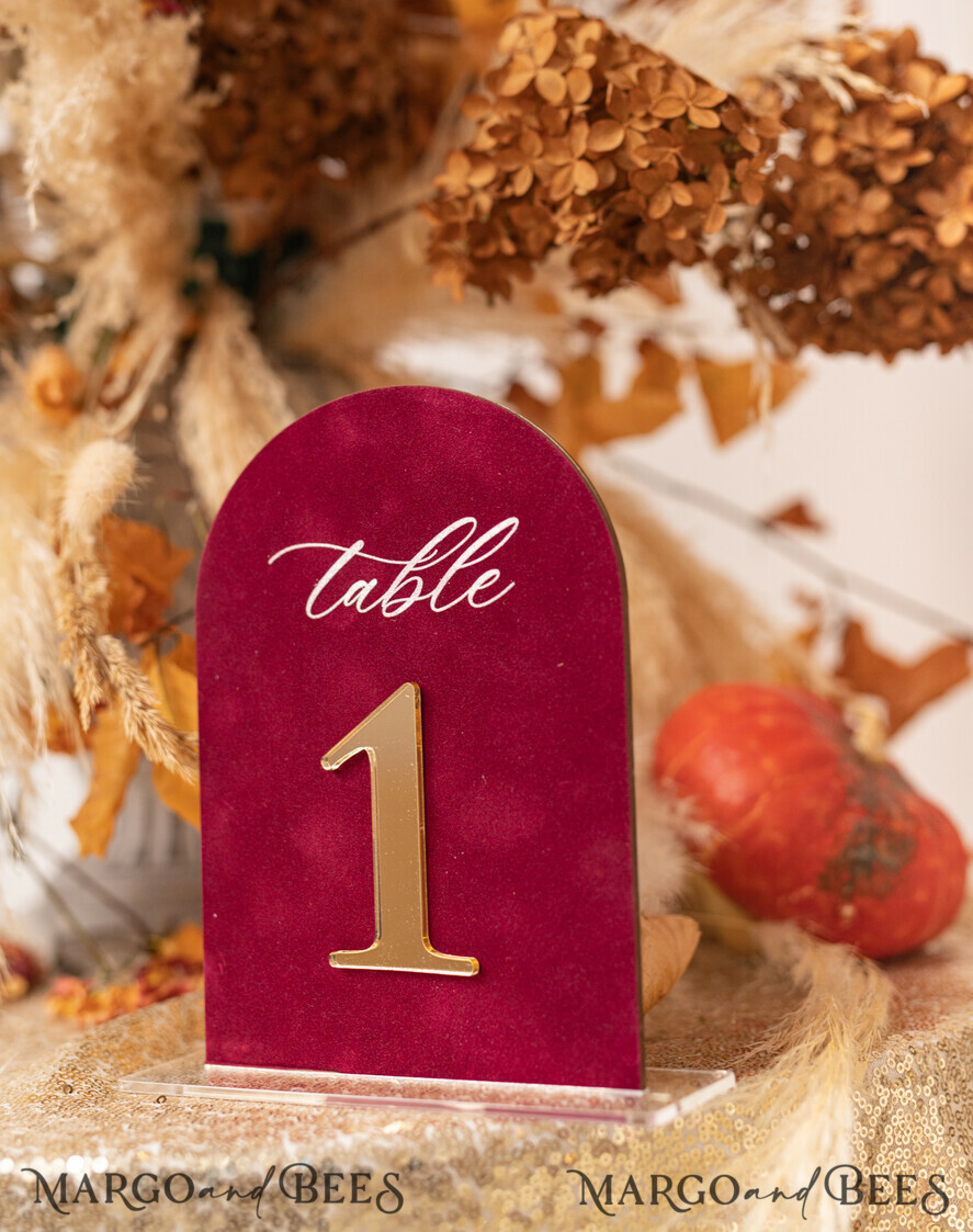 TABLE DECOR SIGNS Velvet table Numbers and Decor Luxury Velvet Arched Table numbers with Acrylic stand, Beige Velvet and Gold Acryl Wedding Table Decor, 3D Golden Letters Arched Table Numbers, Wedding Signage