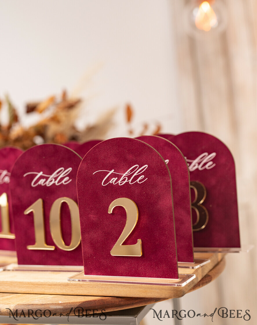 TABLE DECOR SIGNS Velvet table Numbers and Decor Luxury Velvet Arched Table numbers with Acrylic stand, Beige Velvet and Gold Acryl Wedding Table Decor, 3D Golden Letters Arched Table Numbers, Wedding Signage