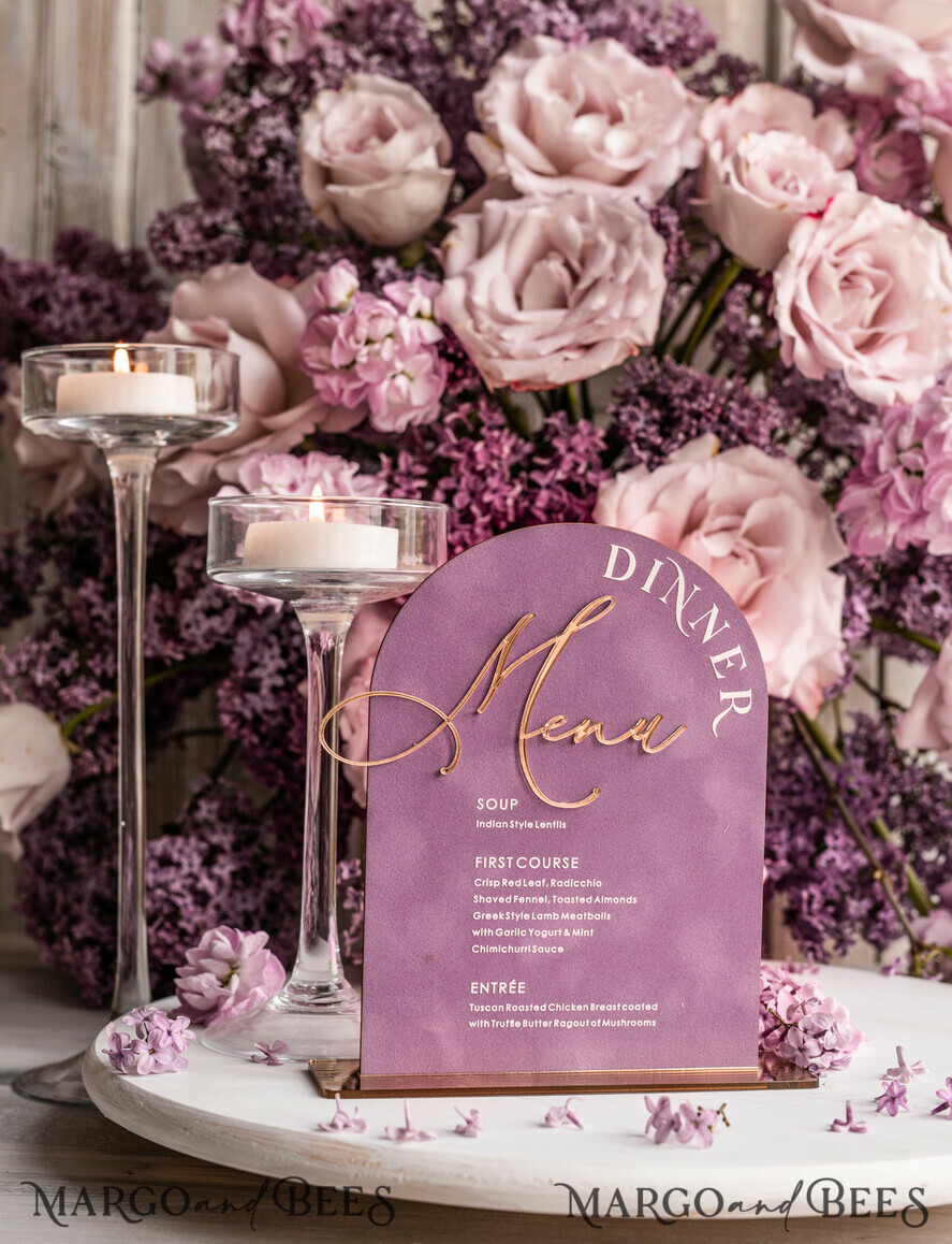 TABLE DECOR SIGNS Velvet table Numbers and Decor Acrylic & Velvet Arch Dinner Menu, gold Plexi Mauve Wedding Menu Sign with Stand, Dusty Rose Plexi Table Dinner Menu Luxury Purple Wedding Table Decor