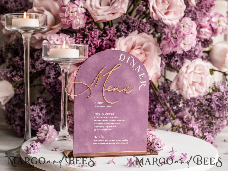 TABLE DECOR SIGNS Velvet table Numbers and Decor Acrylic & Velvet Arch Dinner Menu, gold Plexi Mauve Wedding Menu Sign with Stand, Dusty Rose Plexi Table Dinner Menu Luxury Purple Wedding Table Decor