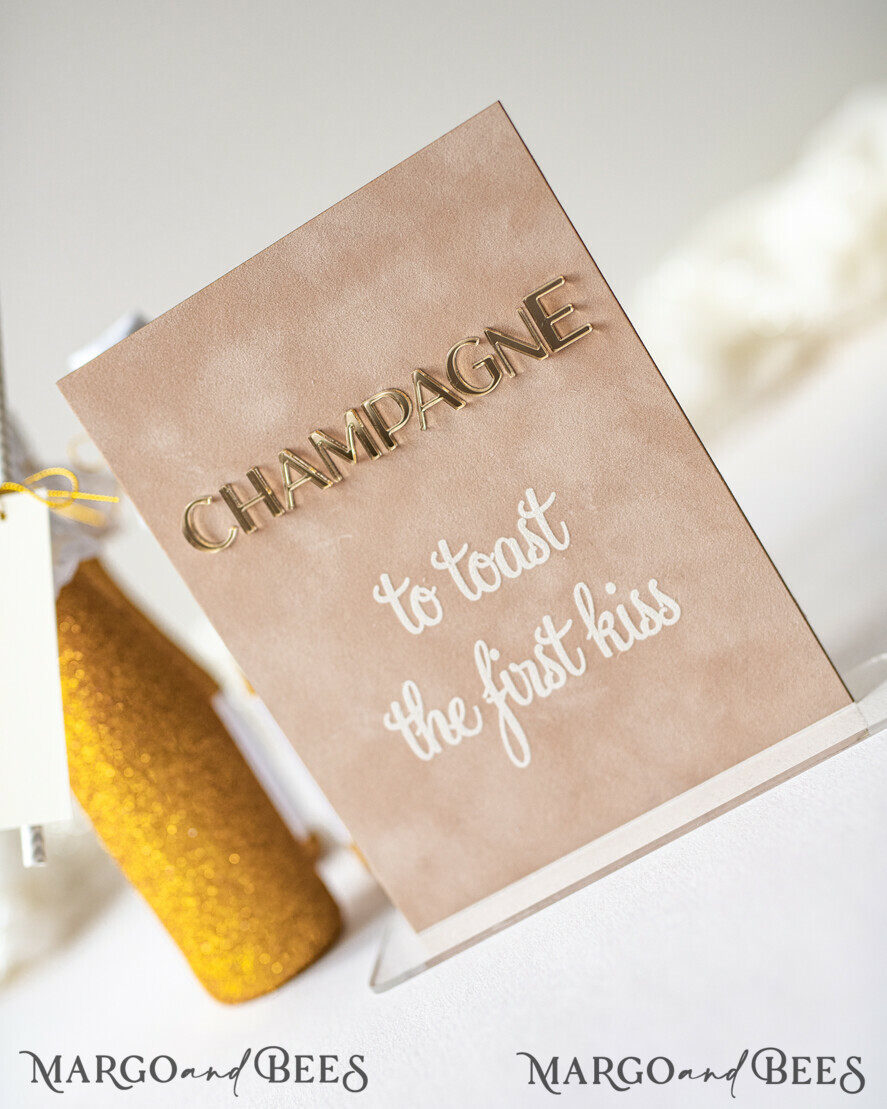 TABLE DECOR SIGNS Velvet table Numbers and Decor Luxury Velvet Champagne Table number with stand, Beige and Gold Wedding Table Decor, 3D Golden Letters Table Numbers, Velvet Wedding Signage, Wedding Toast Sign