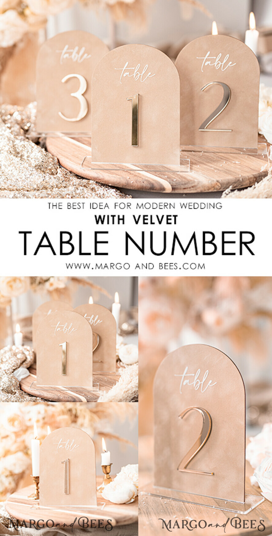 TABLE DECOR SIGNS Velvet table Numbers and Decor Luxury Velvet Arched Table numbers with Acrylic stand, Beige Velvet and Gold Acryl Wedding Table Decor, 3D Golden Letters Arched Table Numbers, Wedding Signage
