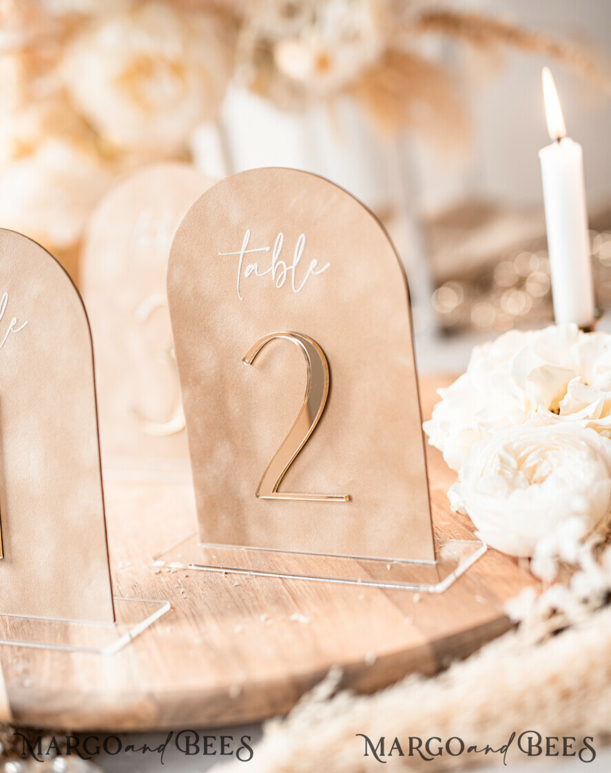 TABLE DECOR SIGNS Velvet table Numbers and Decor Luxury Velvet Arched Table numbers with Acrylic stand, Beige Velvet and Gold Acryl Wedding Table Decor, 3D Golden Letters Arched Table Numbers, Wedding Signage