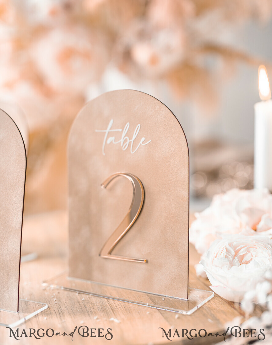 TABLE DECOR SIGNS Velvet table Numbers and Decor Luxury Velvet Arched Table numbers with Acrylic stand, Beige Velvet and Gold Acryl Wedding Table Decor, 3D Golden Letters Arched Table Numbers, Wedding Signage