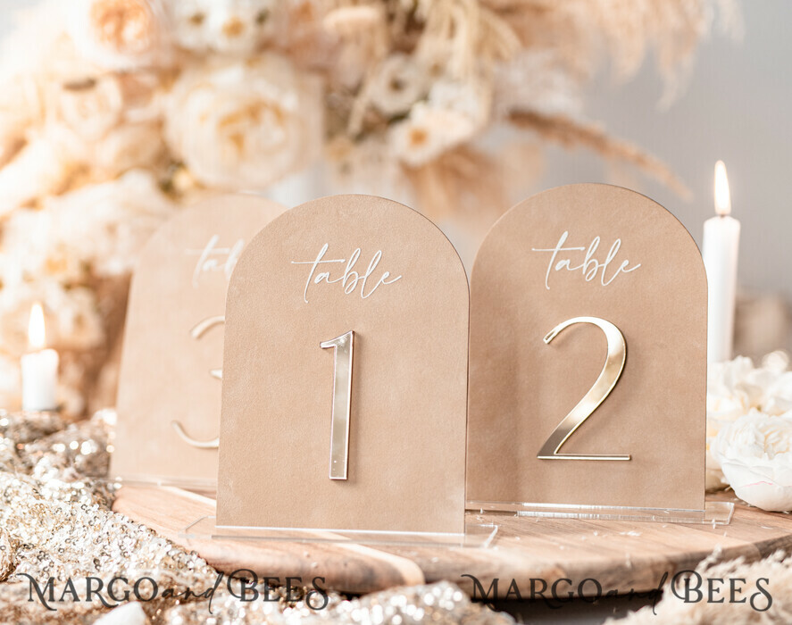 TABLE DECOR SIGNS Velvet table Numbers and Decor Luxury Velvet Arched Table numbers with Acrylic stand, Beige Velvet and Gold Acryl Wedding Table Decor, 3D Golden Letters Arched Table Numbers, Wedding Signage