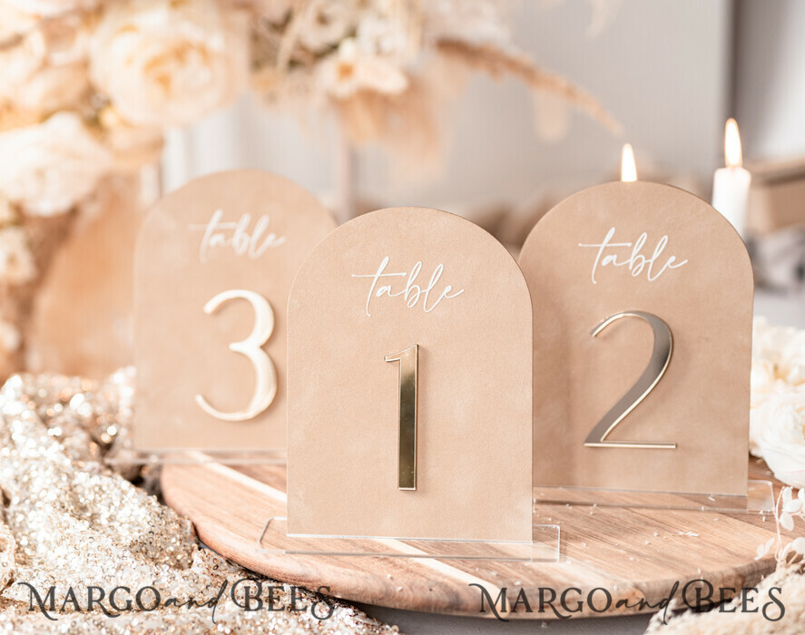 TABLE DECOR SIGNS Velvet table Numbers and Decor Luxury Velvet Arched Table numbers with Acrylic stand, Beige Velvet and Gold Acryl Wedding Table Decor, 3D Golden Letters Arched Table Numbers, Wedding Signage
