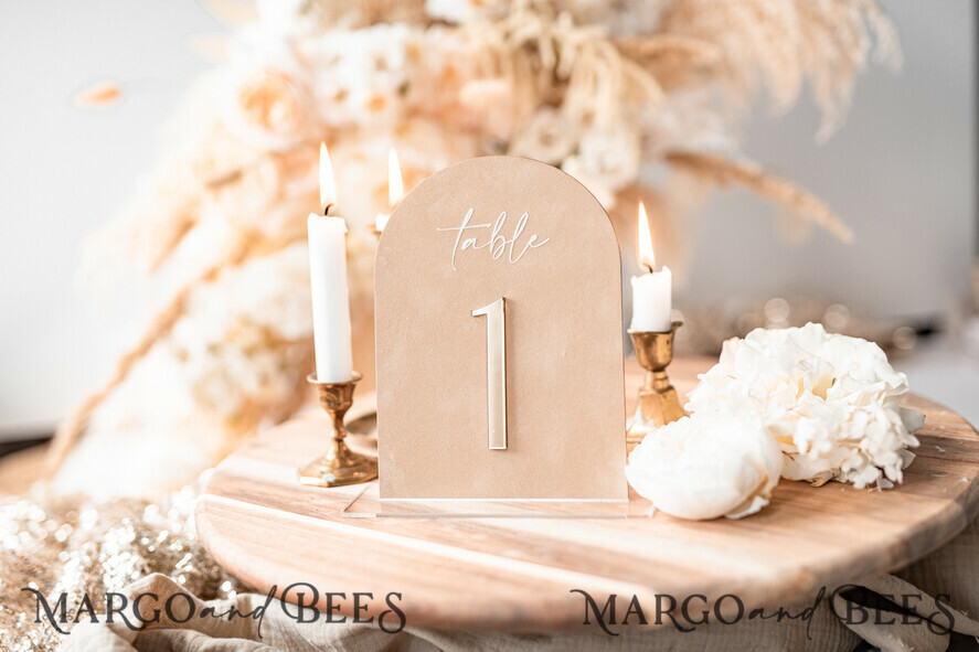 TABLE DECOR SIGNS Velvet table Numbers and Decor Luxury Velvet Arched Table numbers with Acrylic stand, Beige Velvet and Gold Acryl Wedding Table Decor, 3D Golden Letters Arched Table Numbers, Wedding Signage