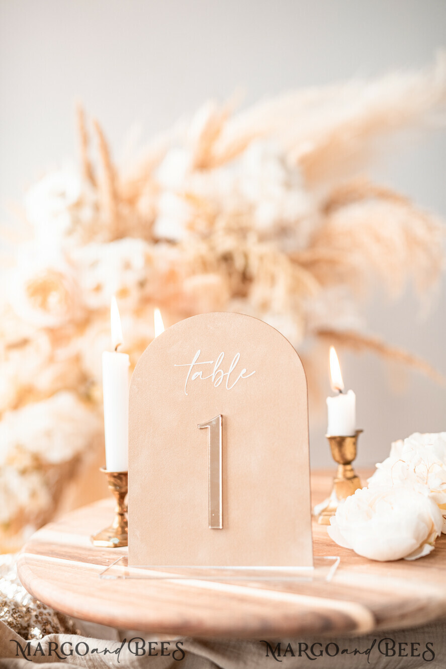 TABLE DECOR SIGNS Velvet table Numbers and Decor Luxury Velvet Arched Table numbers with Acrylic stand, Beige Velvet and Gold Acryl Wedding Table Decor, 3D Golden Letters Arched Table Numbers, Wedding Signage