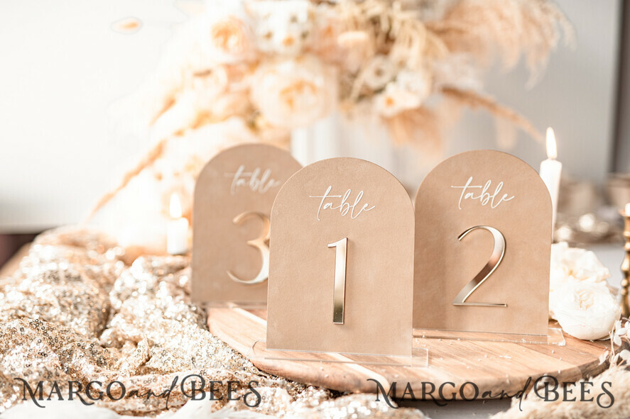 TABLE DECOR SIGNS Velvet table Numbers and Decor Luxury Velvet Arched Table numbers with Acrylic stand, Beige Velvet and Gold Acryl Wedding Table Decor, 3D Golden Letters Arched Table Numbers, Wedding Signage