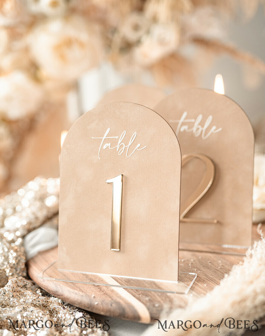 TABLE DECOR SIGNS Velvet table Numbers and Decor Luxury Velvet Arched Table numbers with Acrylic stand, Beige Velvet and Gold Acryl Wedding Table Decor, 3D Golden Letters Arched Table Numbers, Wedding Signage