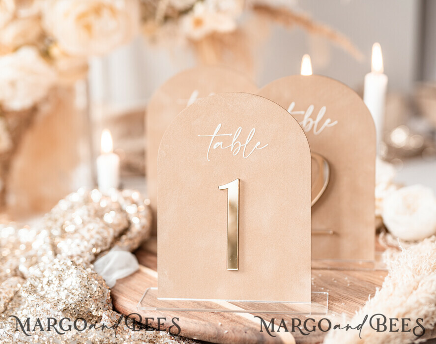 TABLE DECOR SIGNS Velvet table Numbers and Decor Luxury Velvet Arched Table numbers with Acrylic stand, Beige Velvet and Gold Acryl Wedding Table Decor, 3D Golden Letters Arched Table Numbers, Wedding Signage