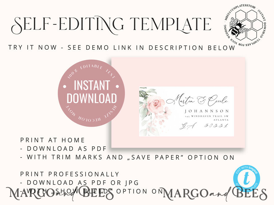TEMPLETT wedding extras Floral envelope address template,Printable Envelope Address Template,Address label,Rose Wedding Editable Envelope