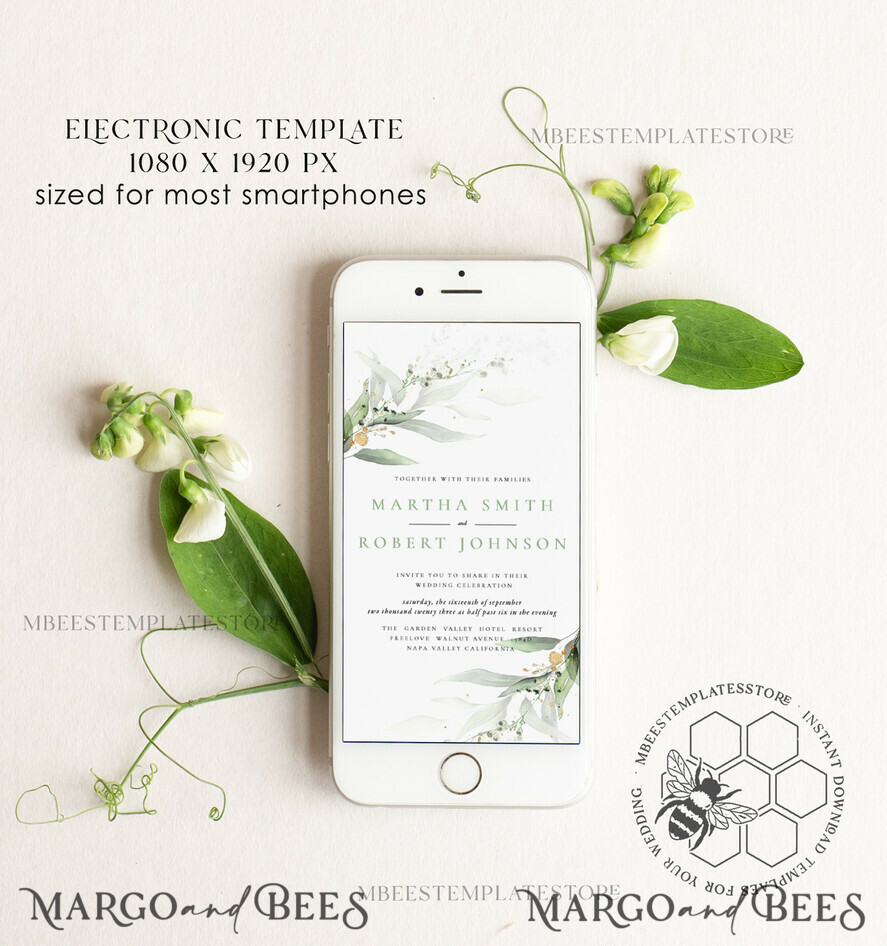 TEMPLETT digital invitation SmartPhone Save the Date Editable Template, Greenery Save the Date Evite Template, personalised Garden Invites. Smartphone Electronic Save the Date