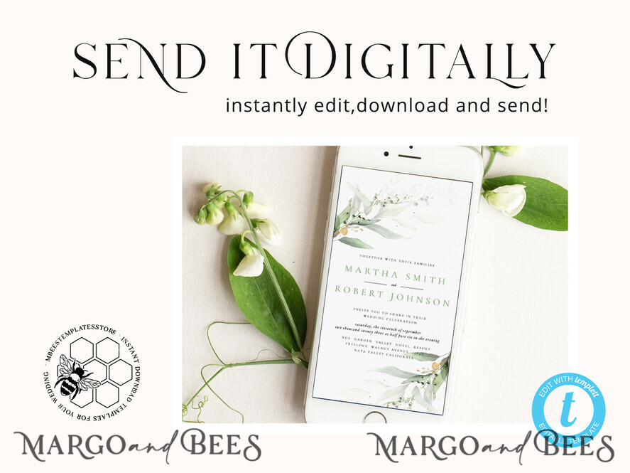 TEMPLETT digital invitation SmartPhone Save the Date Editable Template, Greenery Save the Date Evite Template, personalised Garden Invites. Smartphone Electronic Save the Date