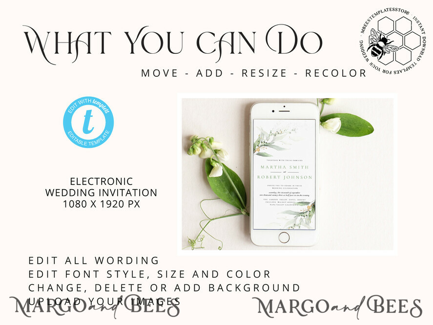 TEMPLETT digital invitation SmartPhone Save the Date Editable Template, Greenery Save the Date Evite Template, personalised Garden Invites. Smartphone Electronic Save the Date