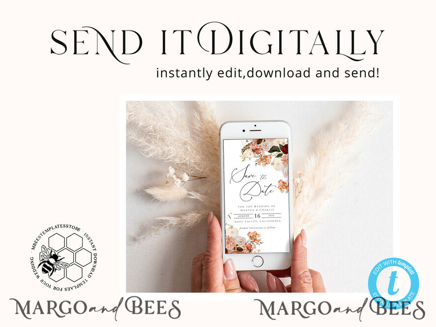 TEMPLETT digital invitation SmartPhone Save the Date Editable Template, Picture Save Dates Evite, Personalised Digital Boho Smartphone Electronic Save the Date, TR23