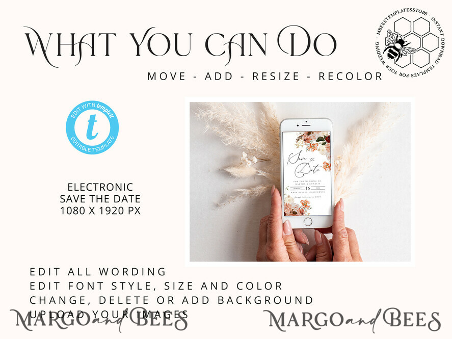 TEMPLETT digital invitation SmartPhone Save the Date Editable Template, Picture Save Dates Evite, Personalised Digital Boho Smartphone Electronic Save the Date, TR23