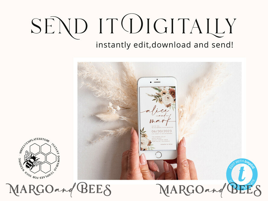TEMPLETT digital invitation Electronic Wedding Invitation template, SmartPhone Wedding Invitation Editable Template, Picture Wedding Invitation Evite Template, personalised Digital Wedding Invitation. Smartphone Electronic Wedding Invitation