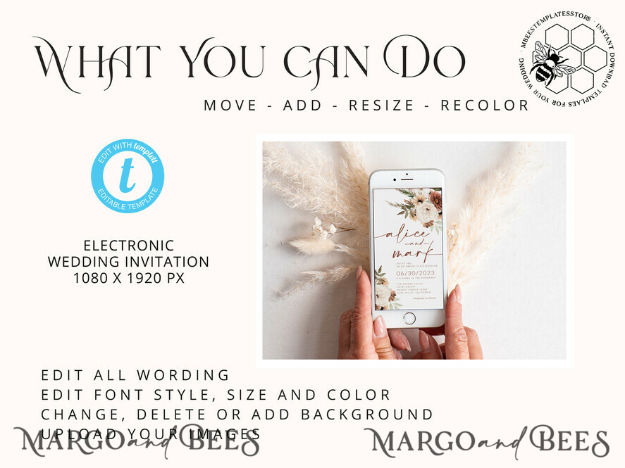 TEMPLETT digital invitation Electronic Wedding Invitation template, SmartPhone Wedding Invitation Editable Template, Picture Wedding Invitation Evite Template, personalised Digital Wedding Invitation. Smartphone Electronic Wedding Invitation