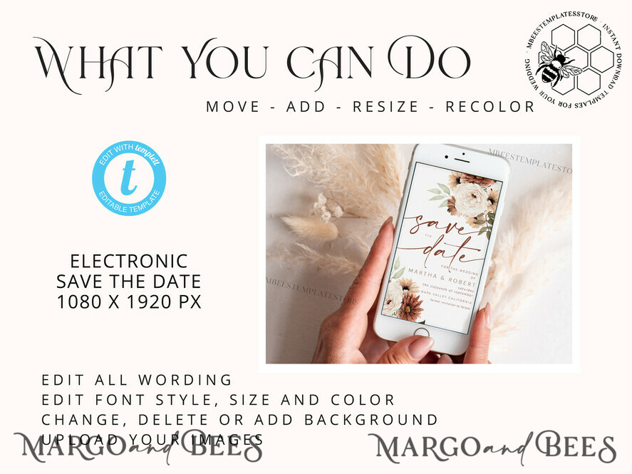 TEMPLETT digital invitation SmartPhone Save the Date Editable Template, Picture Save the Date Evite Template, Personalised Digital Save the Date. Smartphone Electronic Save the Date