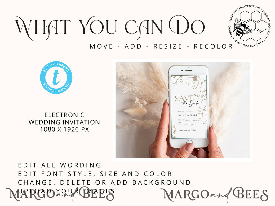 TEMPLETT digital invitation SmartPhone Save the Date Editable Template, Picture Save Dates Evite, Personalised Digital Boho Smartphone Electronic Save the Date, IVR55