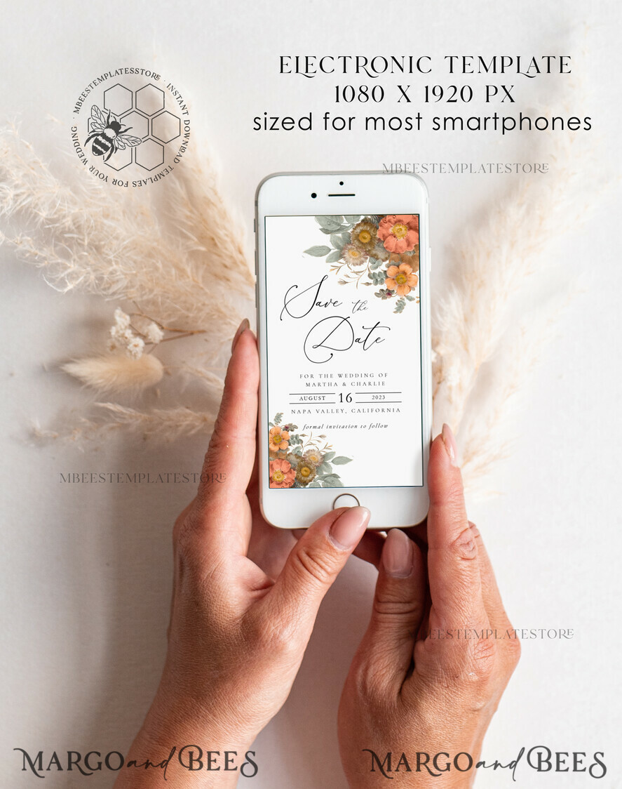 TEMPLETT digital invitation boho fal wedding Electronic Save the Date template, SmartPhone Save the Date Editable Template, Picture Save the Date Evite Template, personalised Digital Save the Date. Smartphone Electronic Save the Date