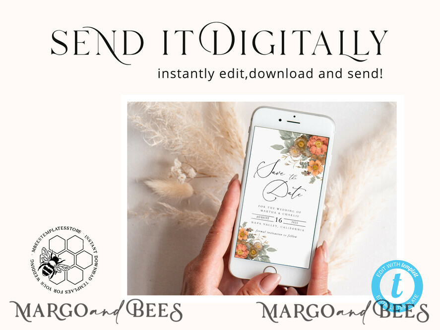 TEMPLETT digital invitation boho fal wedding Electronic Save the Date template, SmartPhone Save the Date Editable Template, Picture Save the Date Evite Template, personalised Digital Save the Date. Smartphone Electronic Save the Date
