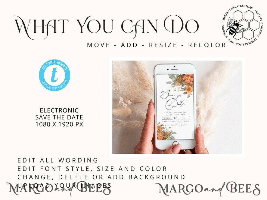 TEMPLETT digital invitation boho fal wedding Electronic Save the Date template, SmartPhone Save the Date Editable Template, Picture Save the Date Evite Template, personalised Digital Save the Date. Smartphone Electronic Save the Date