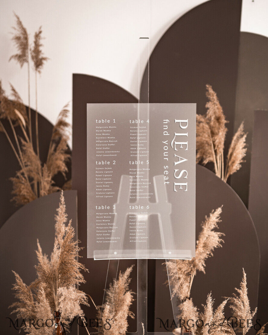 TABLE PLANS AND WEDDING WELCOME SIGNS clear acrylic Acrylic frozen transparent Modern Seating Chart, 3d Elegant Find Your Seat - Seating Plan Sign , Clear Wedding Table Plan, Wedding Decoration with white letters - Acrylic Frozen Reception Signage - Custom Ceremony Sign