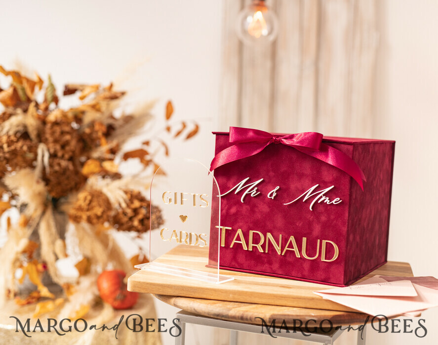 CARD BOXES velvet card boxes burgundy Card Box & arch acrylic sign , Maroon Wedding Card Box with Lid, Marsala Wedding Money Box, Wedding Card Box with slot cards & gift Arch acrylic sign set