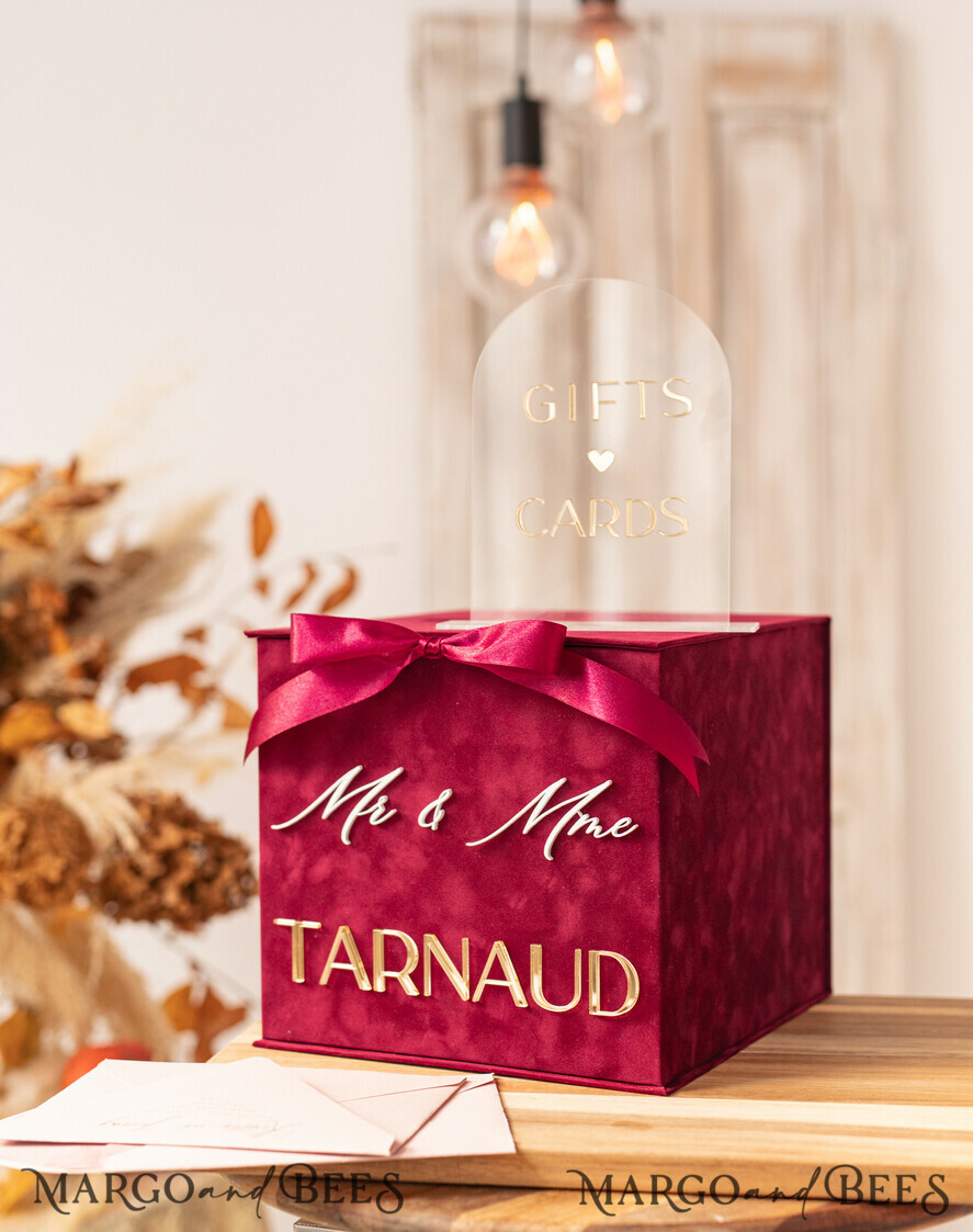 CARD BOXES velvet card boxes burgundy Card Box & arch acrylic sign , Maroon Wedding Card Box with Lid, Marsala Wedding Money Box, Wedding Card Box with slot cards & gift Arch acrylic sign set
