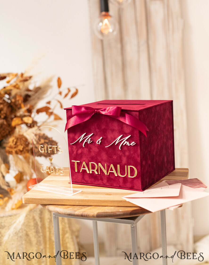 CARD BOXES velvet card boxes burgundy Card Box & arch acrylic sign , Maroon Wedding Card Box with Lid, Marsala Wedding Money Box, Wedding Card Box with slot cards & gift Arch acrylic sign set