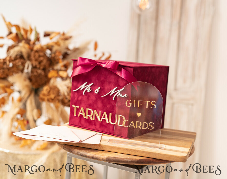 CARD BOXES velvet card boxes burgundy Card Box & arch acrylic sign , Maroon Wedding Card Box with Lid, Marsala Wedding Money Box, Wedding Card Box with slot cards & gift Arch acrylic sign set