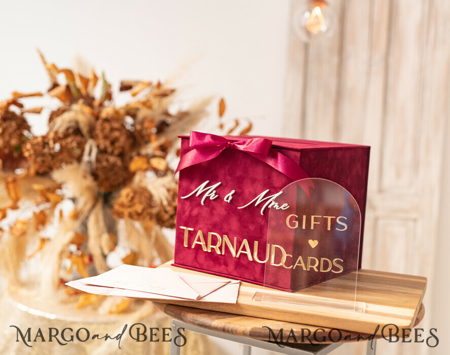 CARD BOXES velvet card boxes burgundy Card Box & arch acrylic sign , Maroon Wedding Card Box with Lid, Marsala Wedding Money Box, Wedding Card Box with slot cards & gift Arch acrylic sign set