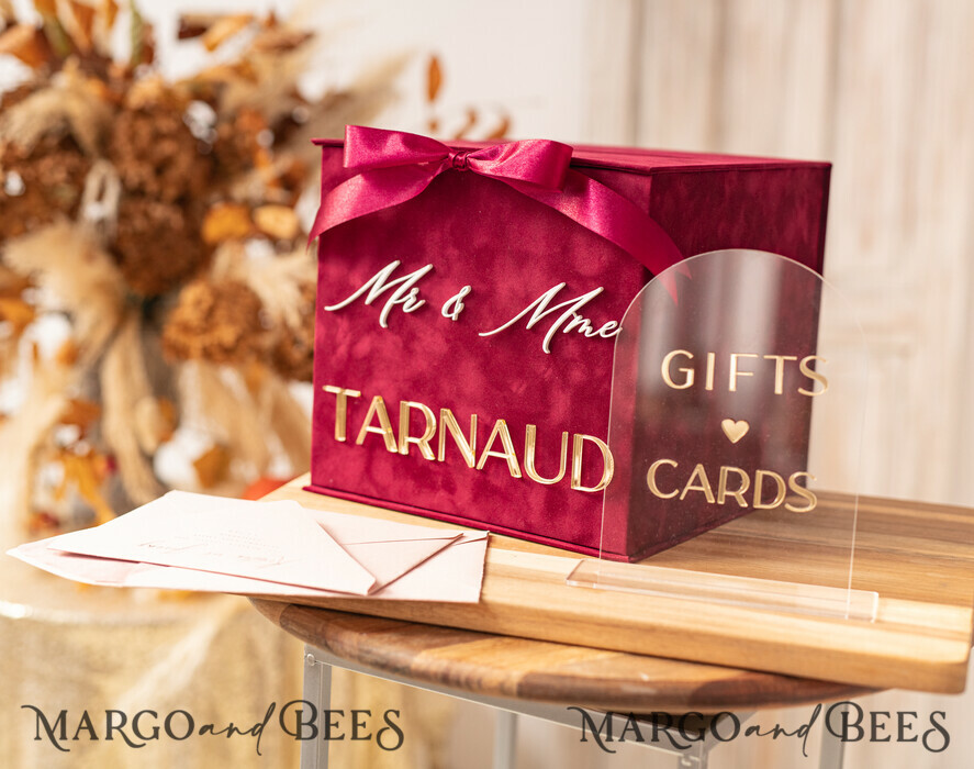 CARD BOXES velvet card boxes burgundy Card Box & arch acrylic sign , Maroon Wedding Card Box with Lid, Marsala Wedding Money Box, Wedding Card Box with slot cards & gift Arch acrylic sign set