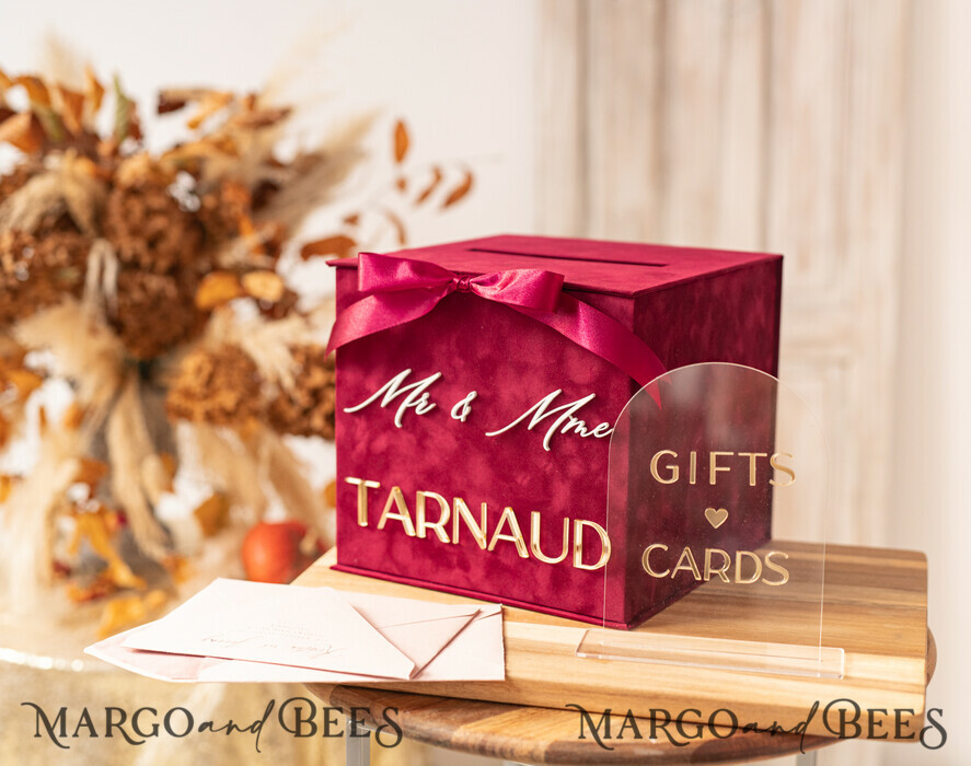 CARD BOXES velvet card boxes burgundy Card Box & arch acrylic sign , Maroon Wedding Card Box with Lid, Marsala Wedding Money Box, Wedding Card Box with slot cards & gift Arch acrylic sign set