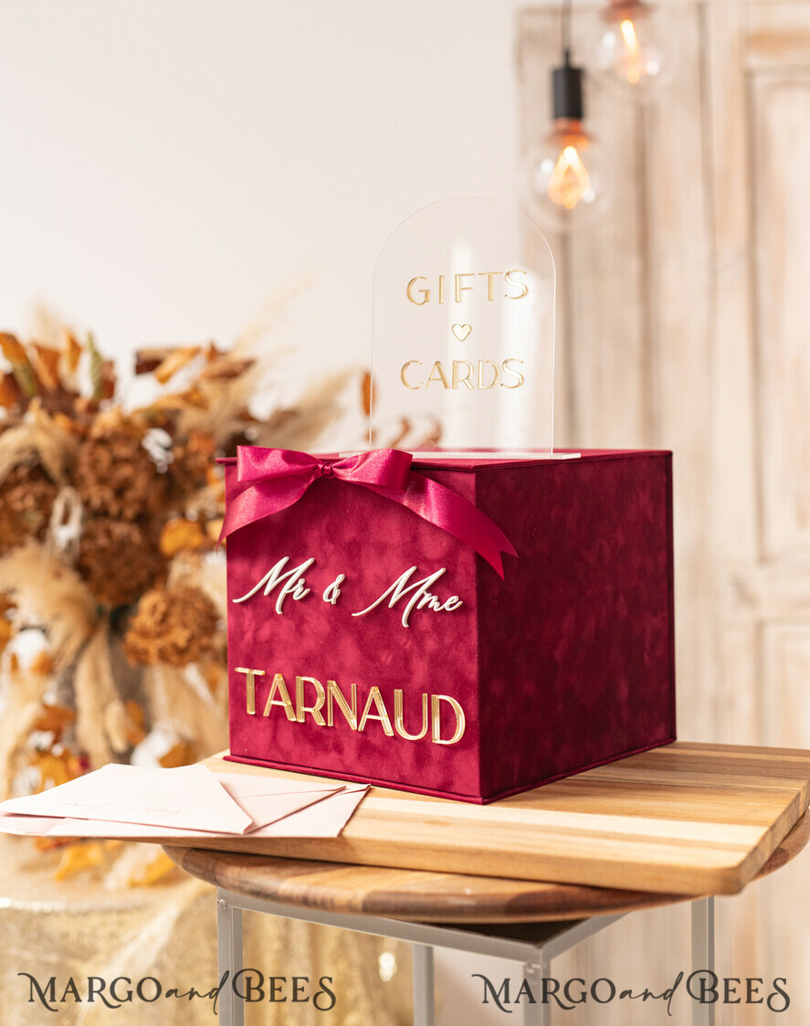 CARD BOXES velvet card boxes burgundy Card Box & arch acrylic sign , Maroon Wedding Card Box with Lid, Marsala Wedding Money Box, Wedding Card Box with slot cards & gift Arch acrylic sign set